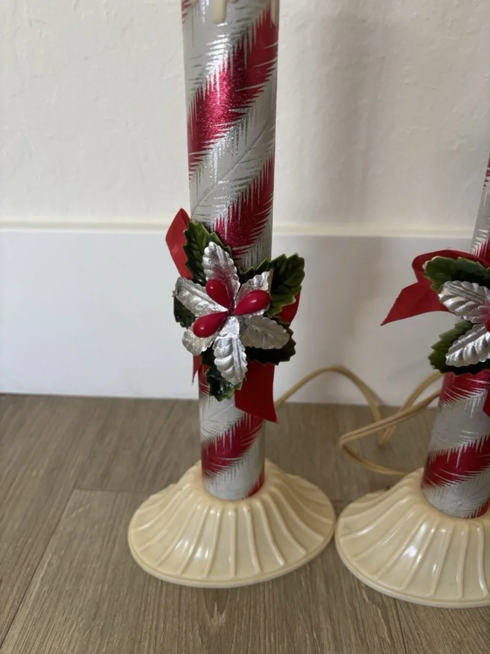 2 Vtg MCM 1950’s Candy Striped Electric CANDLE Xmas Light 12”